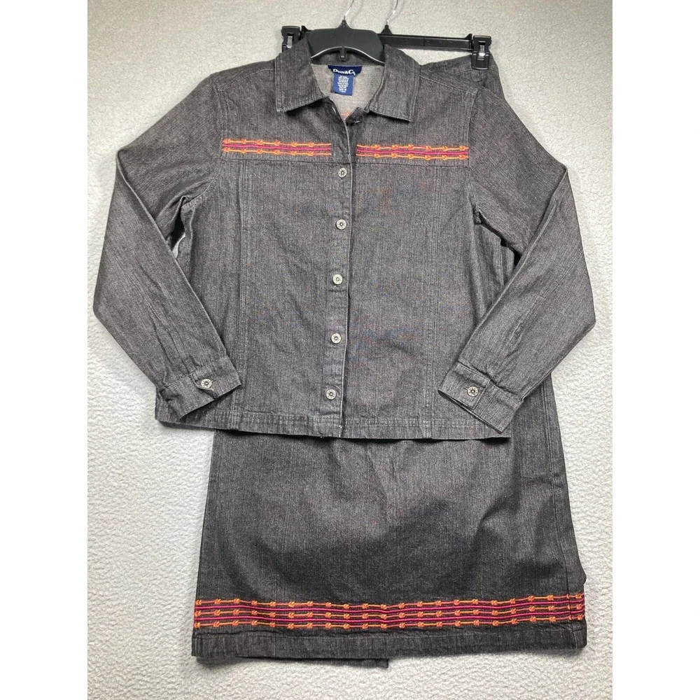 Denim & Co Denim Jacket Skirt Women's Medium Black Western Embroidered Aztec NEW